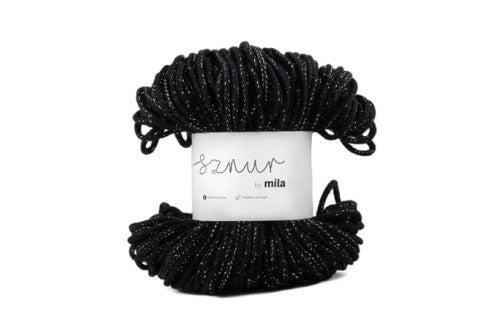 Bomullssnor 3mm - Glitter - Svart m/sølv PG105